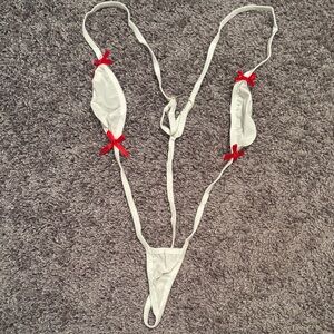 White Micro Thong Lingerie with Red Bows